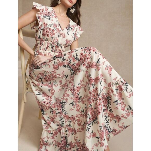 SHEIN Amorya Women's Cap Sleeve Shirred Waist Ditsy Floral Dress L 8 10 large NE - Picture 7 of 11